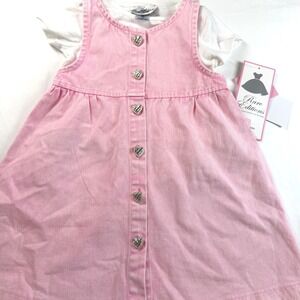 Rare Editions Jumper Dress Girls 3T Pink Denim Heart Button Set NWT
